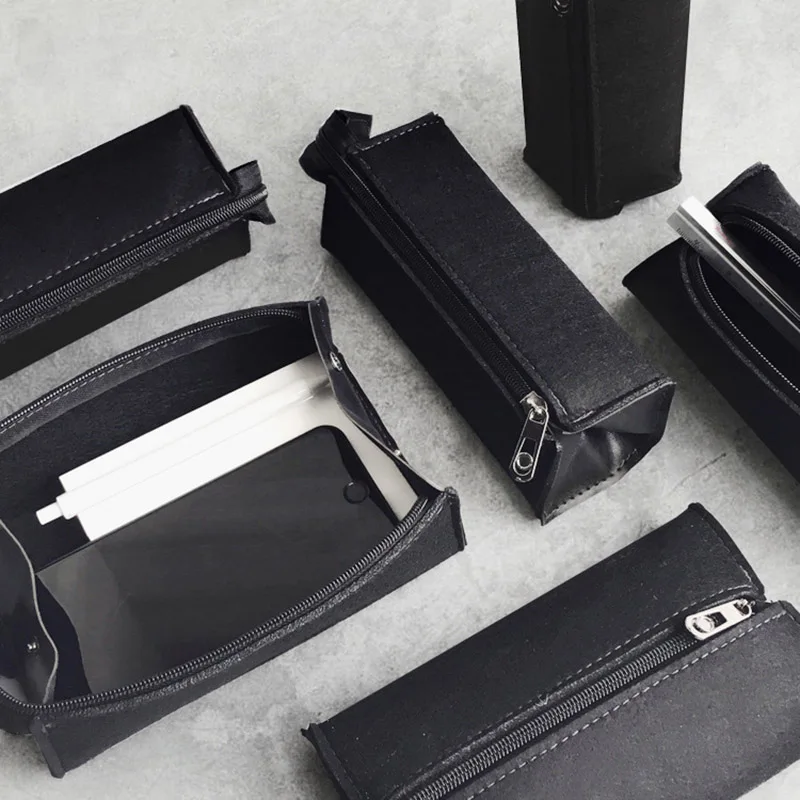 

New Arrival Pencil Case Creative Felt Black/Red Pen Bags For Kids School Supplies Vintage Pencil Pouch Zipper Office Stationery