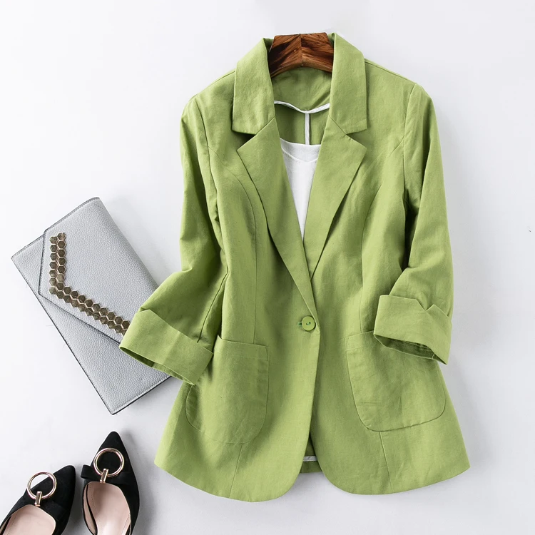 Хлопок и лен маленький костюм Женская куртка осень весна и лето мода тонкий похудение Обрезанные рукава Короткая рубашка зеленый