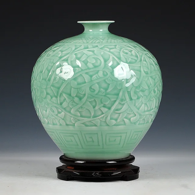 antique jingdezhen chinese ceramic green engraving jade vase wedding