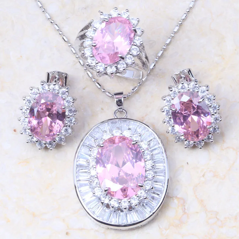 И розничная Необычные Розовый и белый цирконий серебристый цвет серьги кольцо ожерелье кулон наборы T048