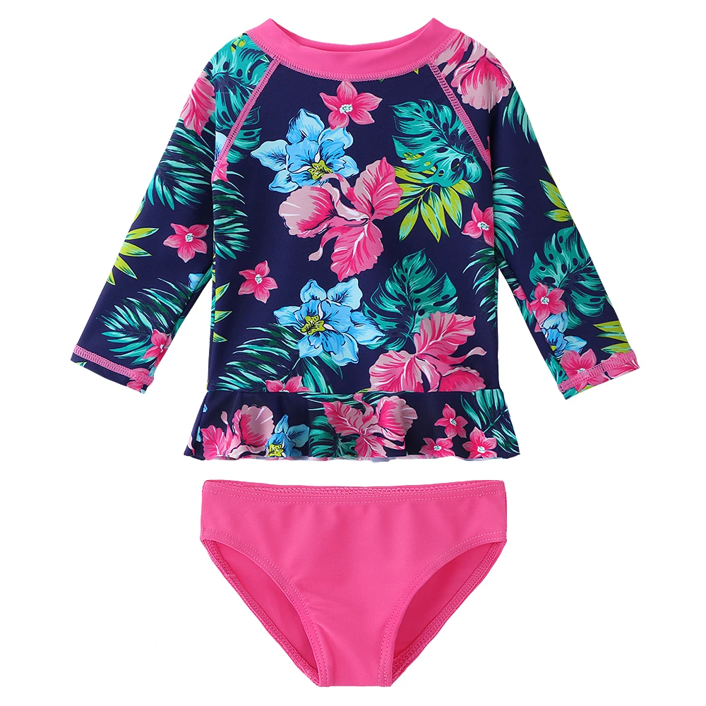 Baby Girls Kids Two Piece Vintage Flower Swimwear Rash Guard UV Sun Protection Swimsuit Bathing Suits