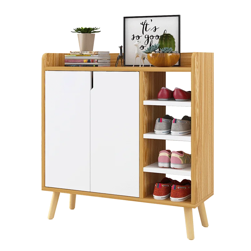 

Natural wooden multifunctional Shoebox big space Multi-layer durable storage rack stable Solid wood legs with 2 doors