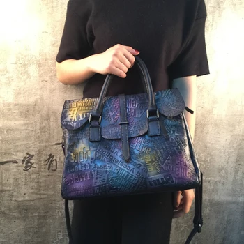

Genuine Leather Women Bag Female Casual Tote Large Capacity Ladies Handbag High Quality Cow Leather Embossed Letter Shoulder Bag