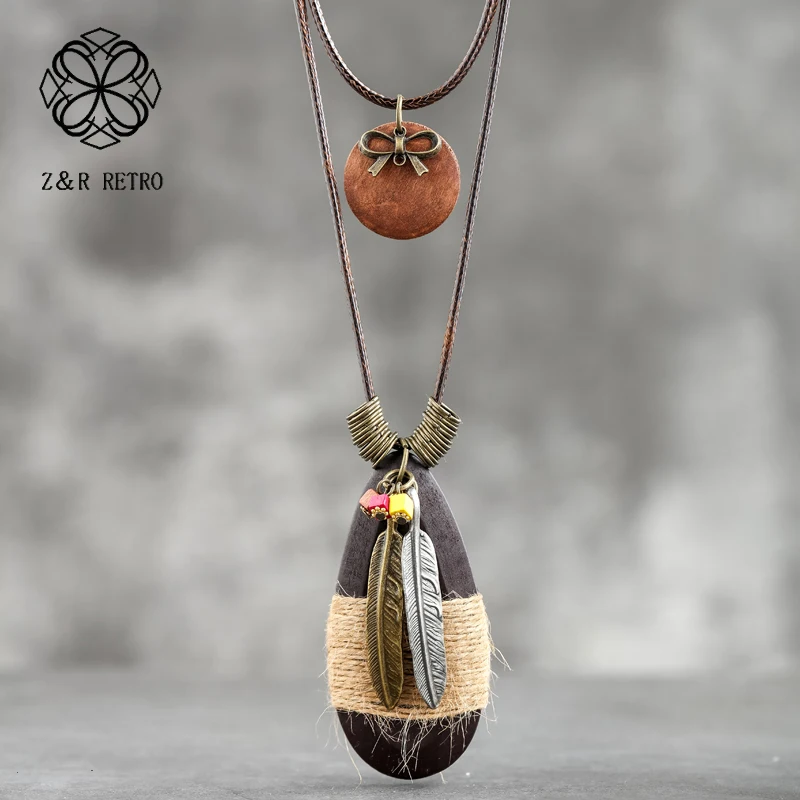 Длинное ожерелье, женское винтажное богемное ожерелье с перьями, Трендовое массивное ожерелье, Женские аксессуары, веревочная подвеска 4,2*10 см