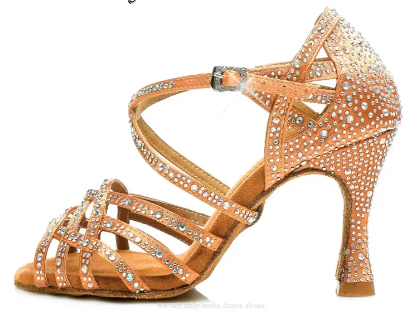Женская обувь для латинских танцев; женская Обувь для бальных танцев; стразы; обувь для танго; синяя обувь на высоком каблуке; JuseDanc - Цвет: bronze heel 7.5cm