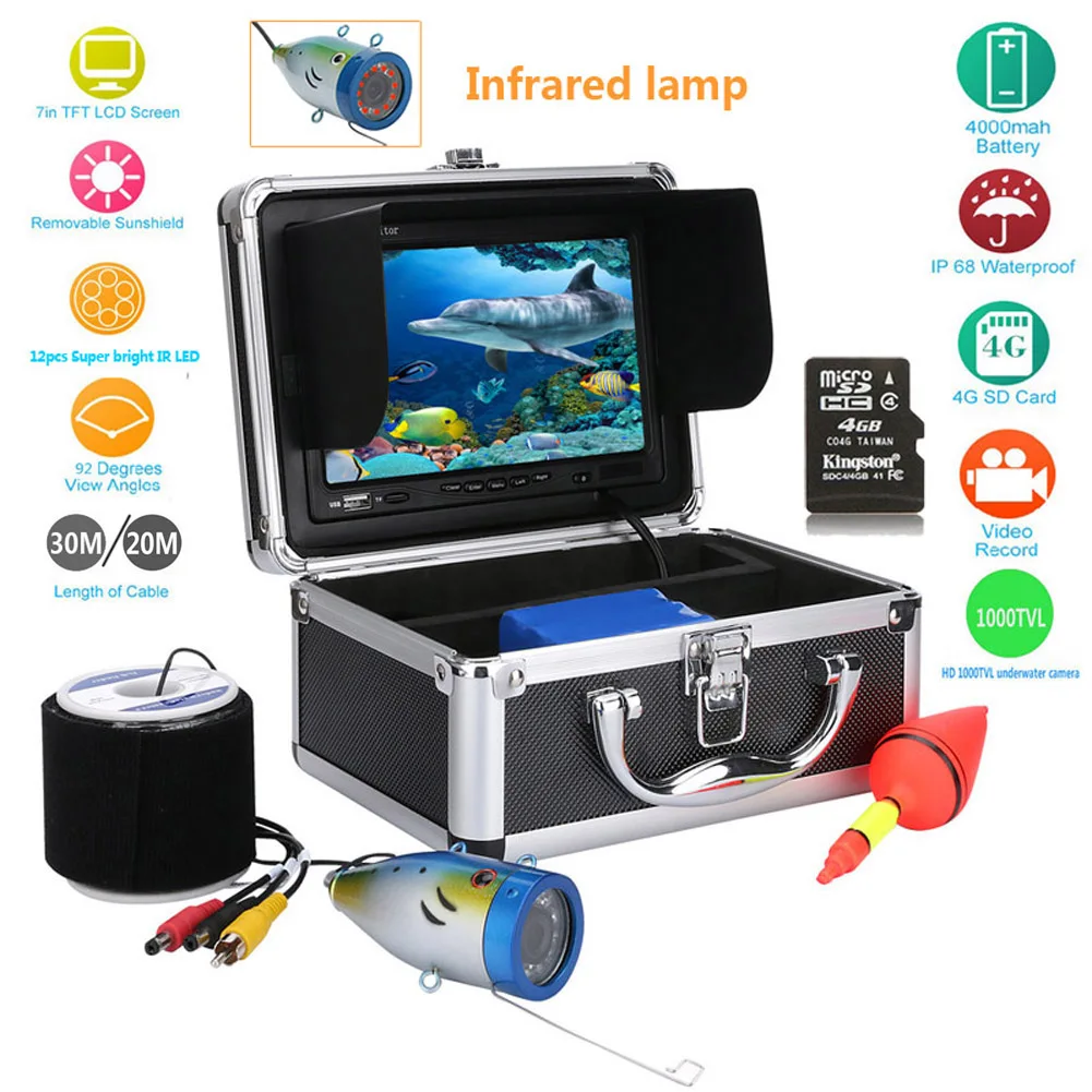 

20/30M Professional Fish Finder Underwater Fishing Video Camera 7" Color Monitor 1000TVL HD CMOS Sensor 12 LED Infrared lights
