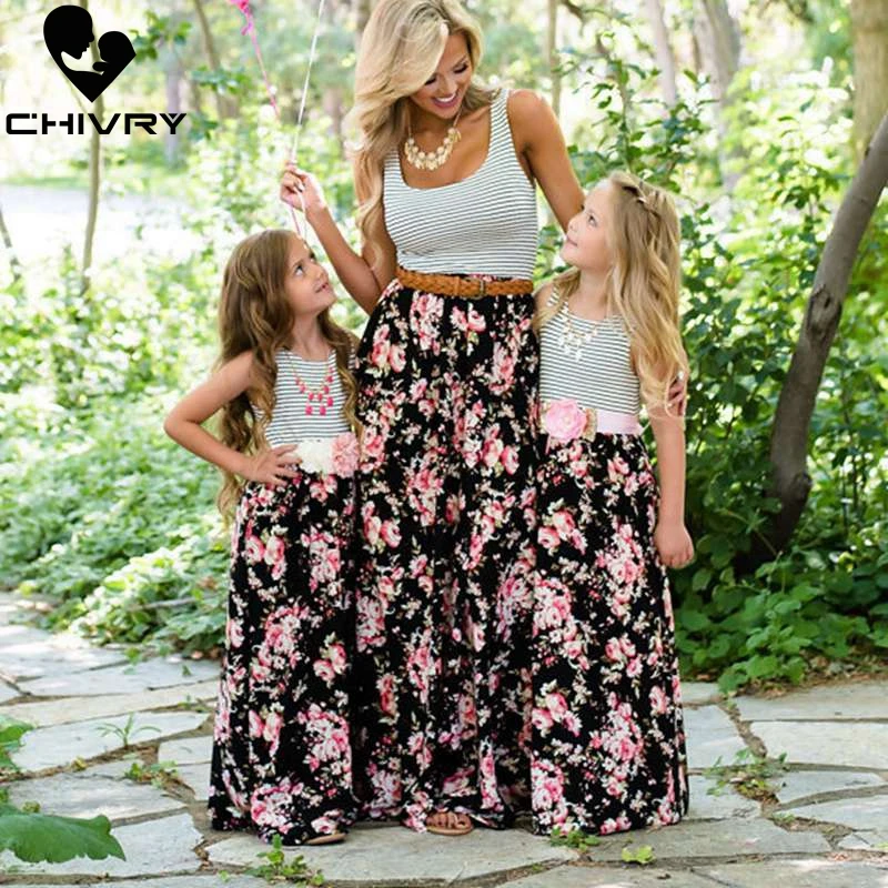 Chivry/платья для мамы и дочки; длинное платье в полоску с цветочным принтом без рукавов; одежда для мамы и дочки; Семейные комплекты