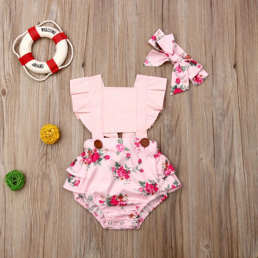 Baby Girl Clothes Newborn Baby Girl Cotton Floral Sleeveless Bodysuits Headband Summer Sleeveless Outfits 2pcs