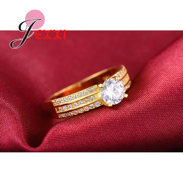 JEXXI Fashion Princess Pave Crystal Finger Ring For Women Yellow ColorCubic Zirconia Band Wedding Jewelry Wholesale Gift