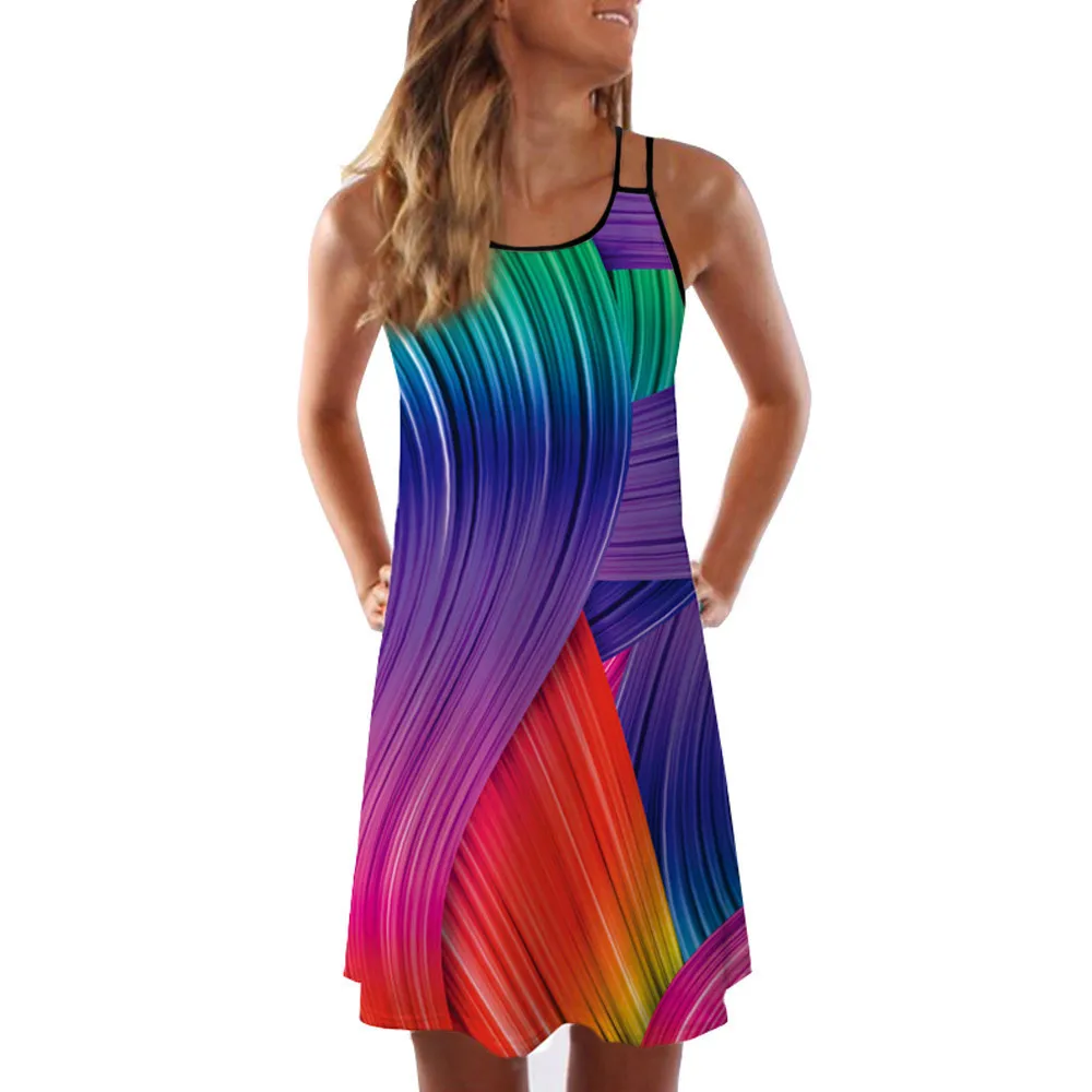 

Women Summer Vintage Sleeveless 3D Floral Print Bohe Tank Short Mini Gradient Dress robe ete 2019 femme