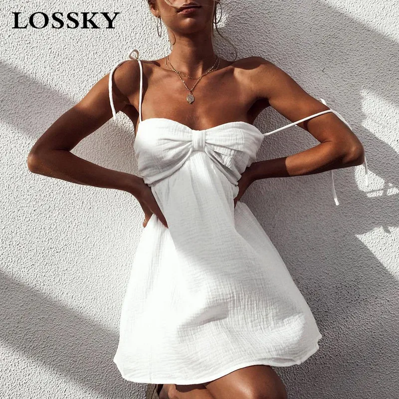 

Sleeveless Backless Sexy 2019 Summer Dresses Women Spaghetti Strap Sundress White Mini Dress Casual Strapless Short Beach Dress