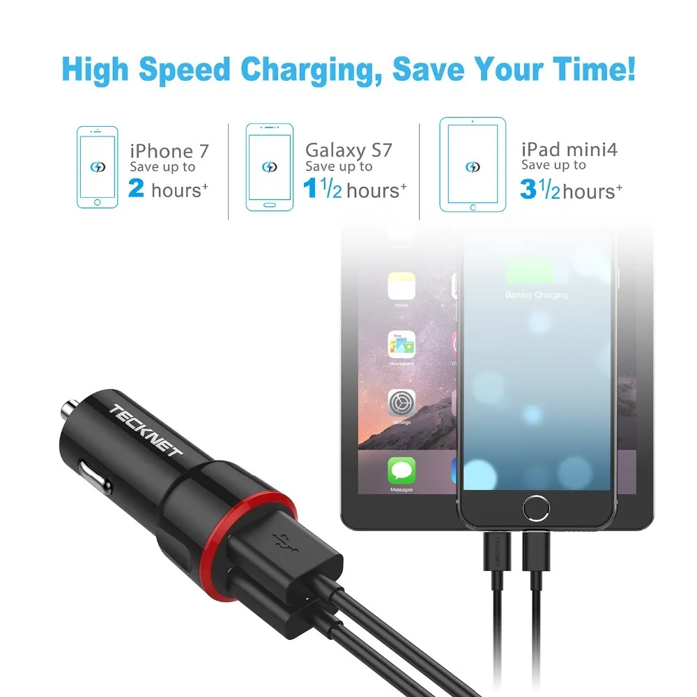Tecknet PowerDrive2 usb شاحن سيارة 5 فولت/4.8A سيارة شاحن usb شاحن 5 فولت 2a سريع الهاتف الذكي شاحن poweriq آيفون 7 سامسونج