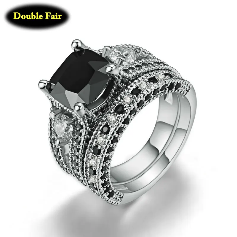 Top Quality Luxury Big Black Cubic Zirconia Party Rings Sets Silver