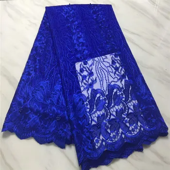 

African lace fabric royal blue african voile french tule lace fabric with beads 5 yards per lot wedding dress lace pl74-12