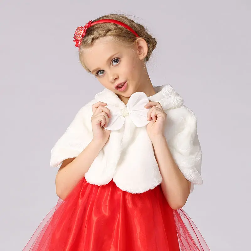 Cute Kids Girls White Faux Fur Cape Wrap Shrug Shawl Coat Wedding Party