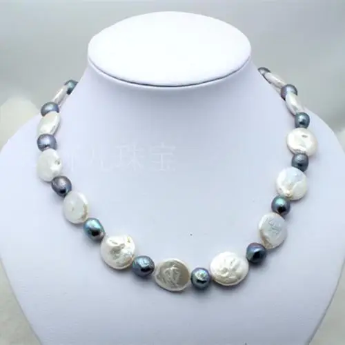 

FREE SHIPPING HOT sell new Style >>>>Natural Odd coin pearl with 7-8MM black round pearl necklace 18" long AA