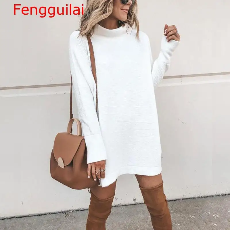 

Fengguilai Autumn Turtleneck Solid Knitted Sweaters Dress Women Long Sleeve Slim Streetwear Pullovers Oversized Sweater Pull