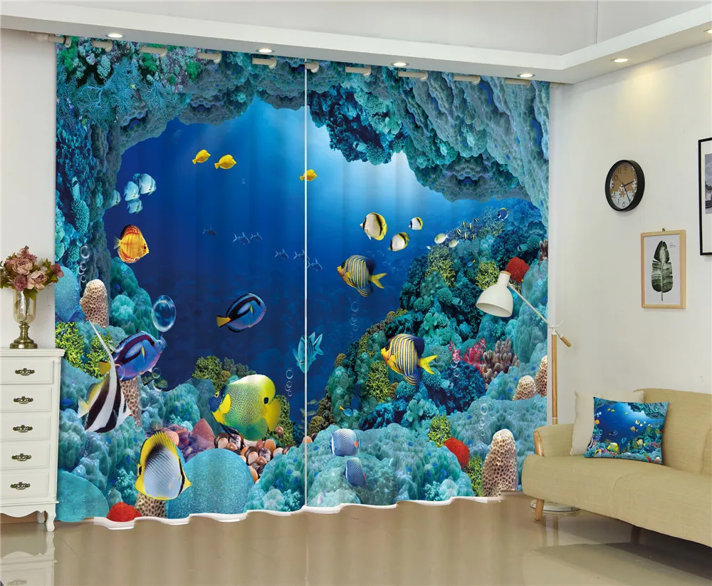 Blue sea print Luxury Blackout 3D Curtains For Living Room Bedding Room