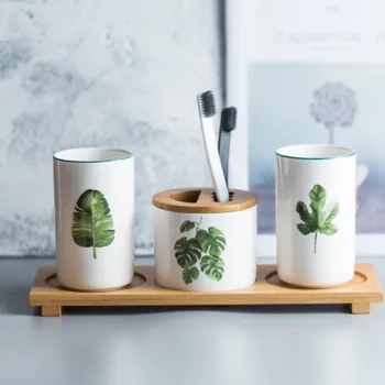 

Ceramic Hand Washing Liquid Bottling with Cup Wood Pad Toothbrush Holder Soap Dispenser Emulsion Bottle Bathroom Accessories