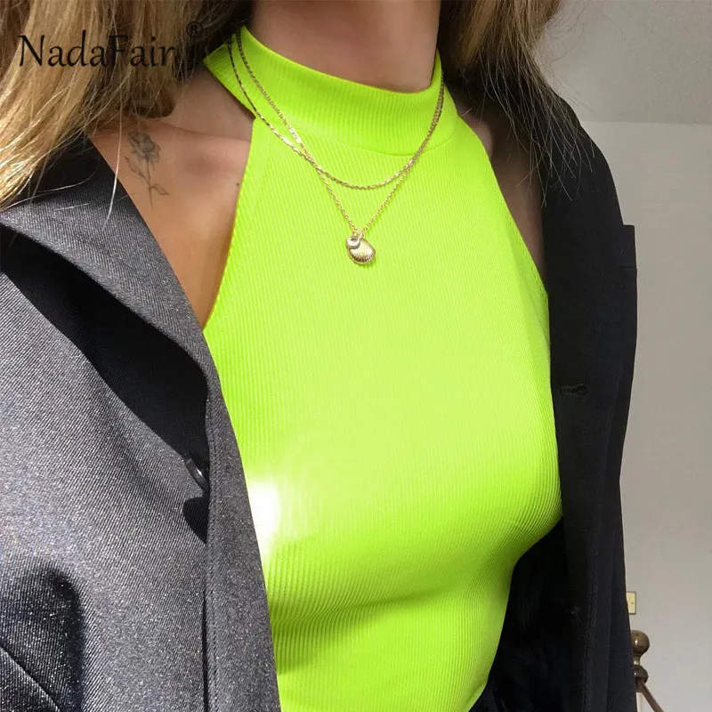 Nadafair Ribber النيون الرسن ارتداءها 2019 نحيل مثير الصيف رومبير ارتداءها النساء البرتقال الوردي عالية الرقبة أكمام الجسم الإناث