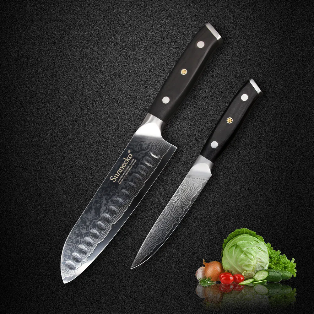 

SUNNECKO 2PCS Damascus Kitchen Knives Set 7" Santoku 5" Utility Knife G10 Handle Japanese VG10 Core Steel Knife Meat Cutter Tool