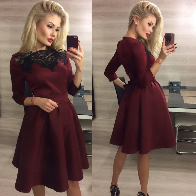 Wine Red Дизайн, осенние женские сексуальные Клубные платья, рукав три четверти, круглый ворот, кружевное платье, зеленое, винно-красное платье - Цвет: Wine Red