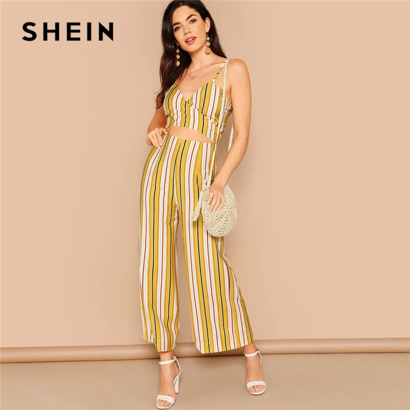 

SHEIN Boho Multicolor Striped Crop Wrap Cami and Wide Leg Pants Set Women Summer Knot Back Zipper Fly Sexy Elegant Two Piece Set