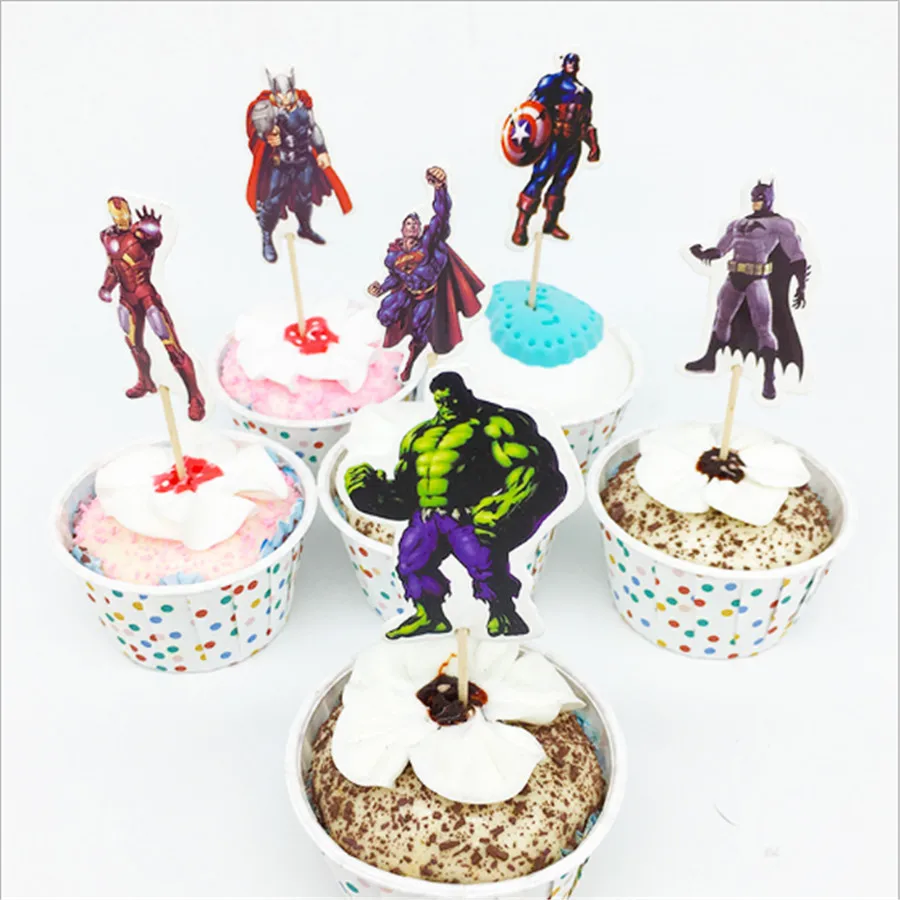 

24pcs/set Avengers Party Decoration Cartoon Cupcake Toppers Cake Insert Card Pick Kid Boy Superhero Birthday Party Supplies