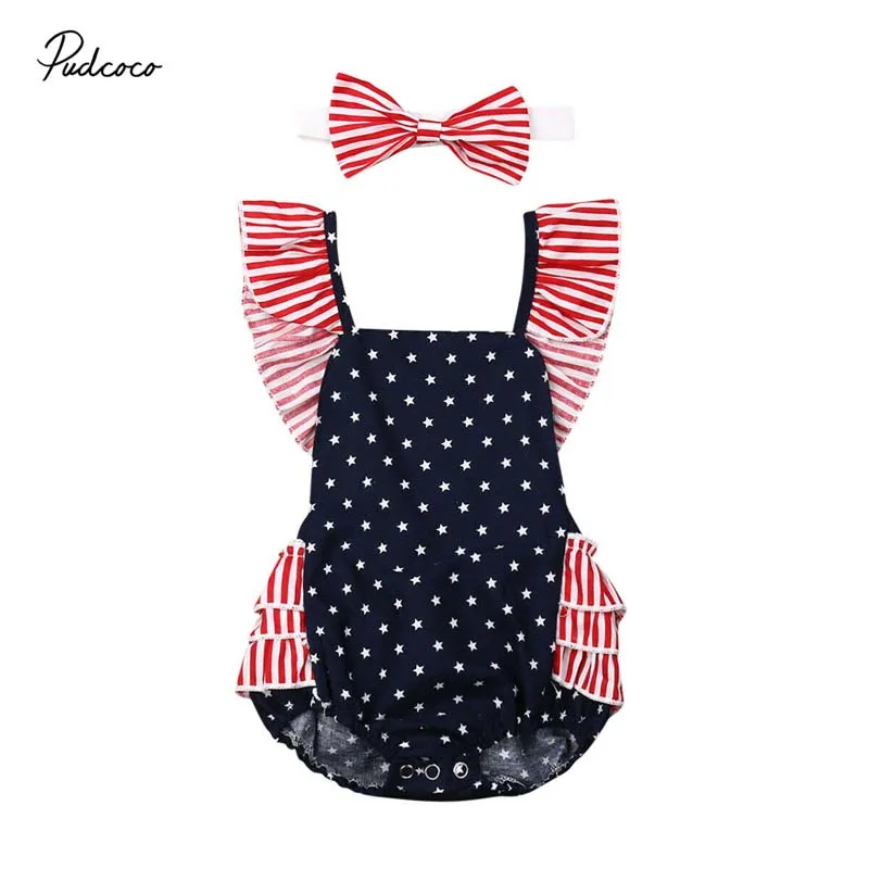 

2019 Brand 4th of July Newborn 0-12M Baby Girls Bodysuit Headband Stars Striped Print Ruffle Backless Sunsuit Outfit Costume US