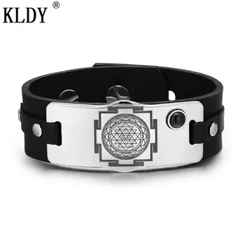 

KLDY Sri Yantra Chakra Bracelet Magical Energy Amulet Bangle Black Simulated Onyx Adjustable Leather Bracelets Punk Jewelry 2018