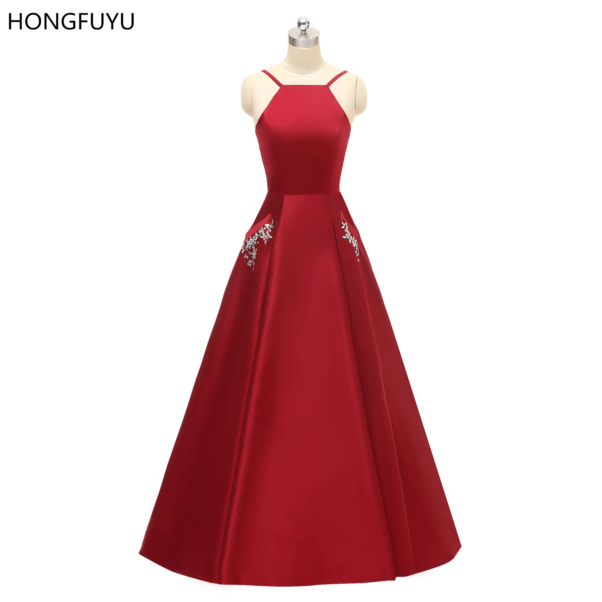 

HONGFUYU Elegant Prom Dresses Satin A Line Spaghetti Evening Gowns With Beading Pockets Formal Party Dress vestido de fiesta