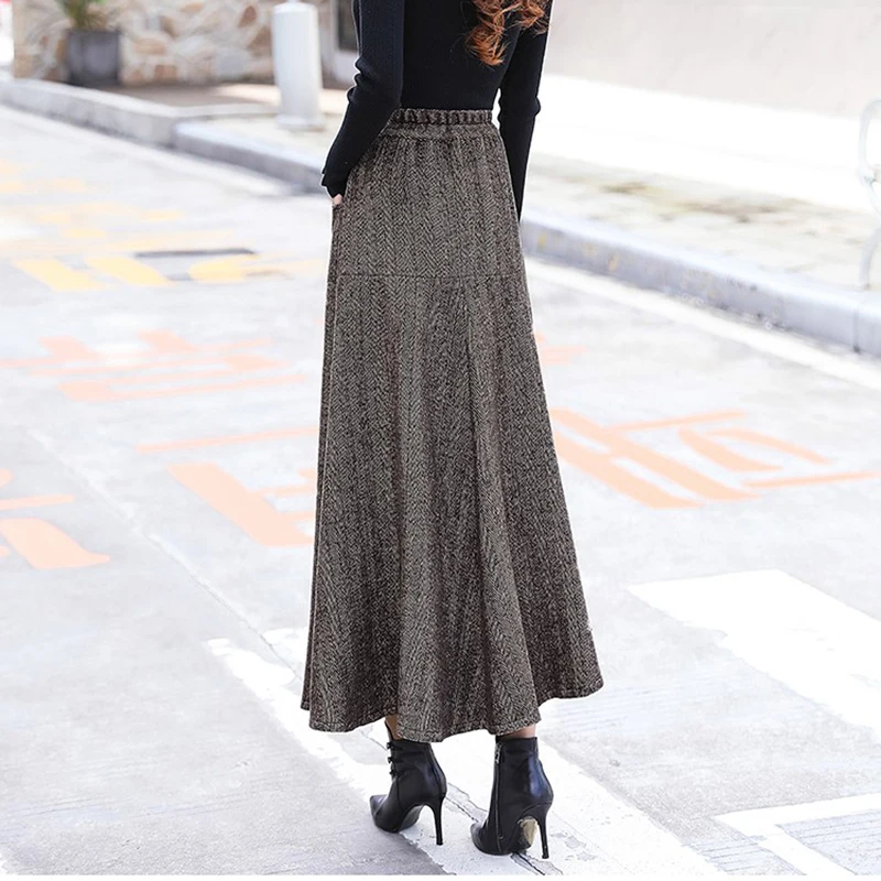 Vintage Striped Woolen Skirts Women Winter 2018 Fashion High Waist Office Wool Warm Pleated Long Skirt Casual Ladies Saia Longa