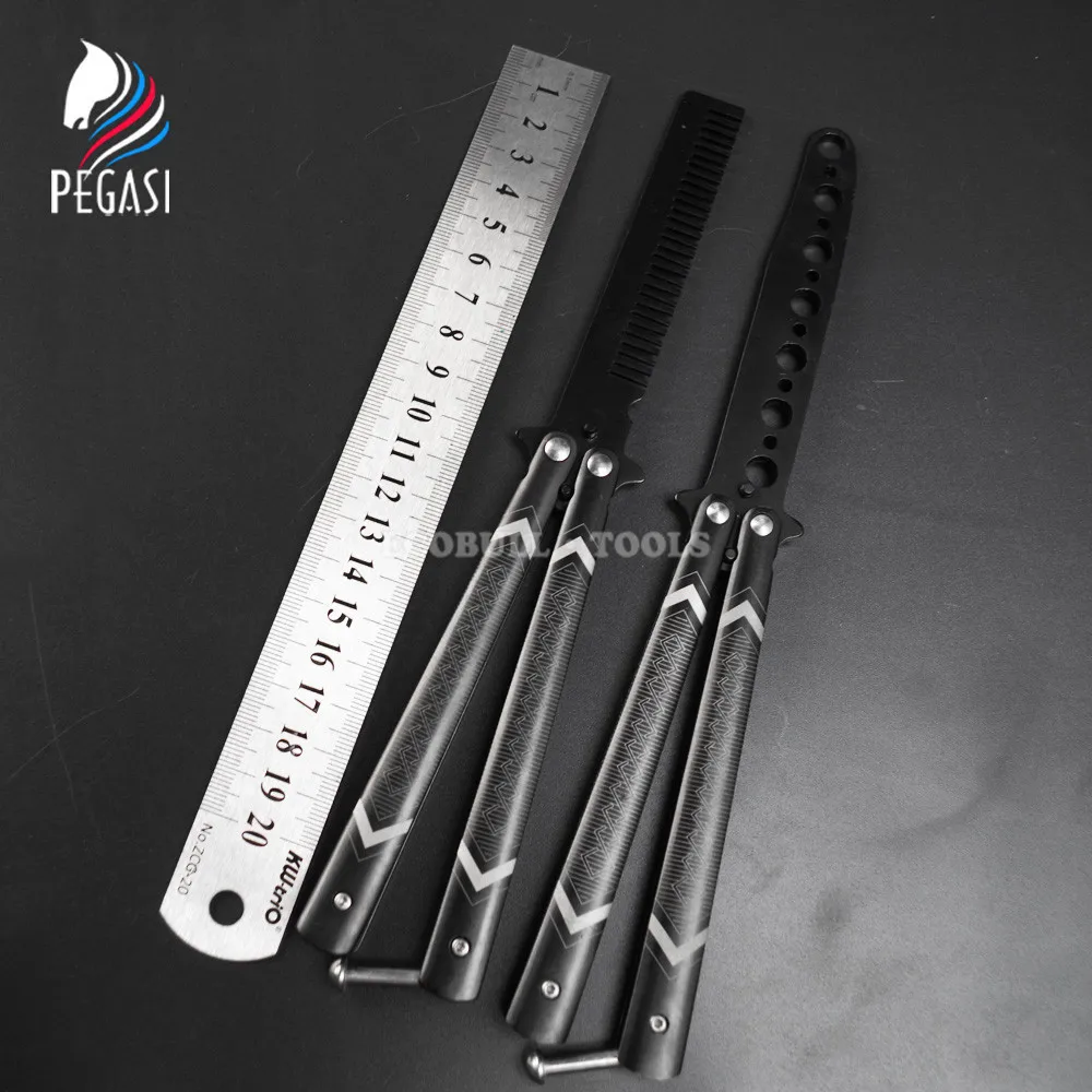 

PEGASI Black Stainless Steel Knife Butterfly Practice Training Folding Tainer Balisong Comb No Sharp Dull Tool
