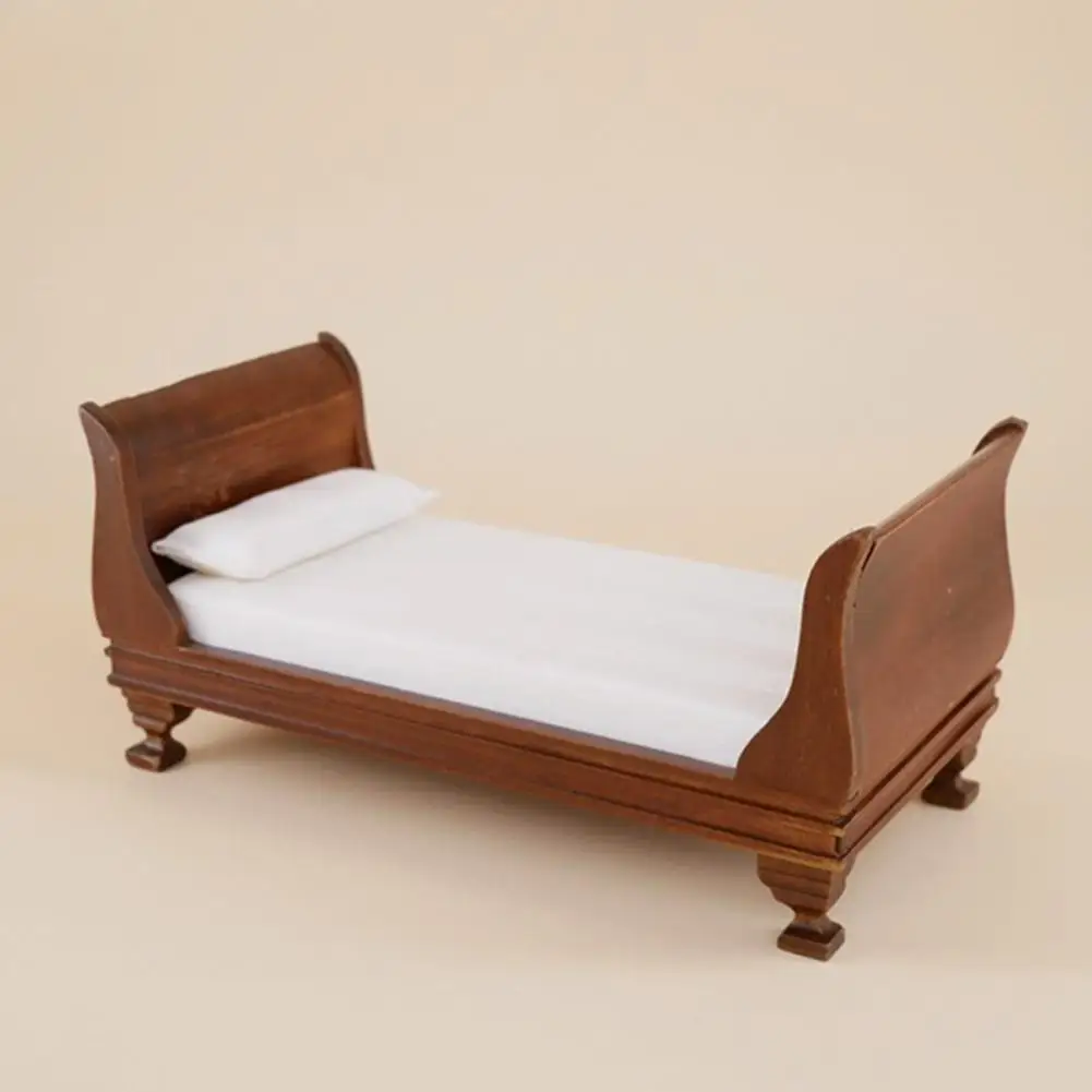  Simulation Mini Wooden Single Bed for 1:12 Doll House Accessories