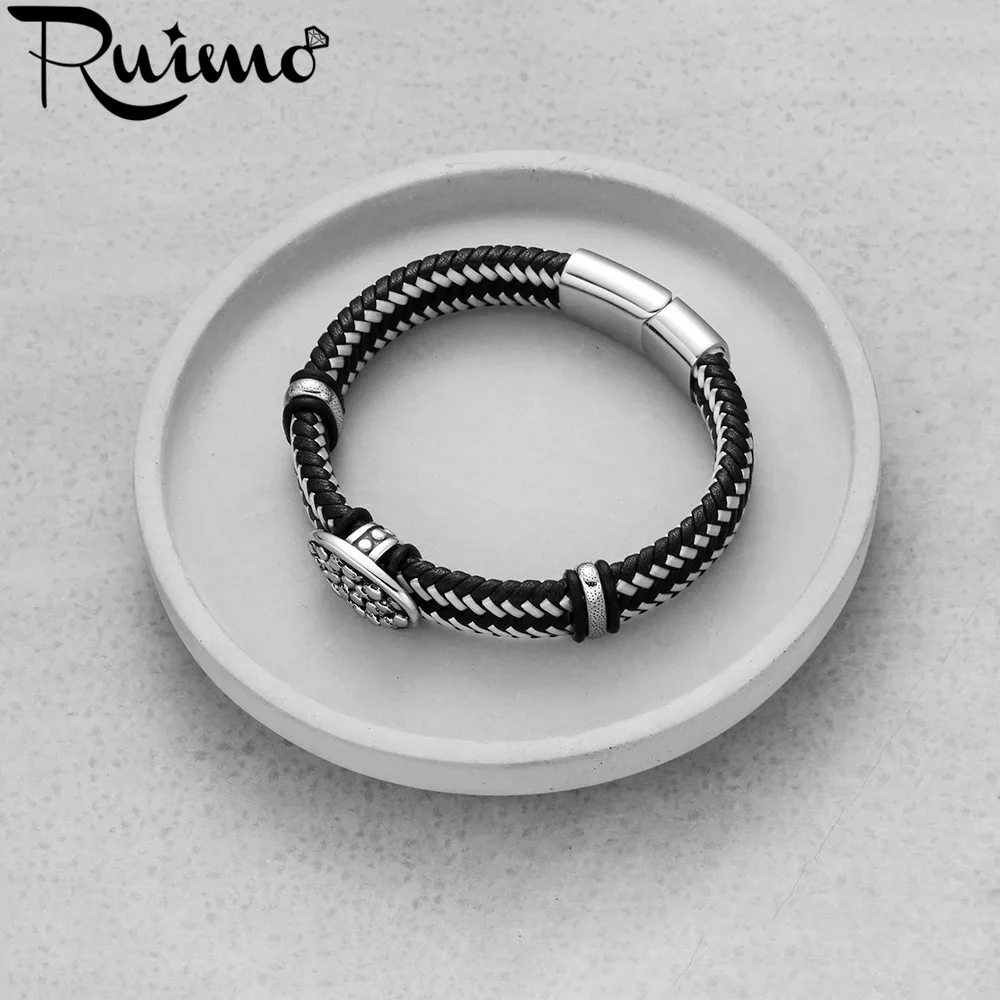 RUIMO смешанные черно белые плетеные мужские браслеты из натуральной кожи