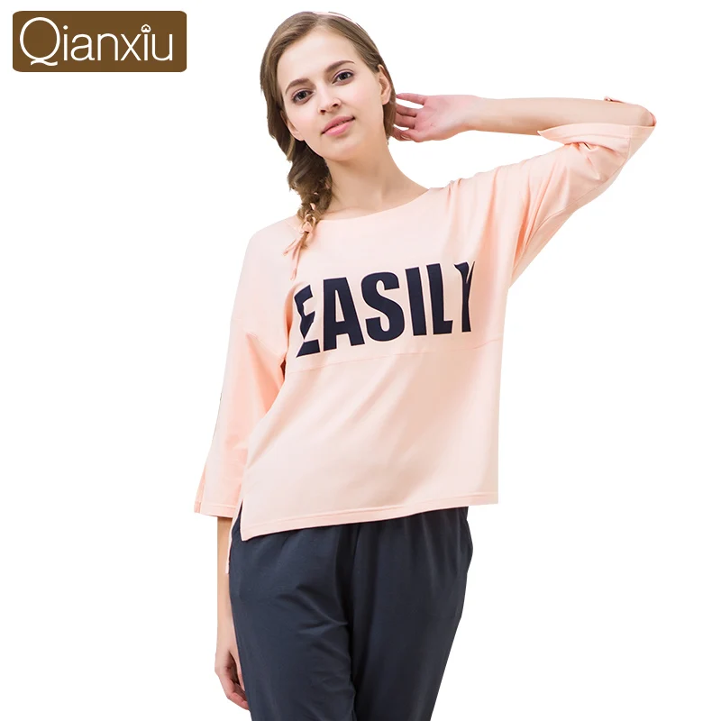 Qianxiu Casual Letter Printed Women Pajamas Sleepwear Autumn Cotton Three Quarter Sleeve font b Sleep b