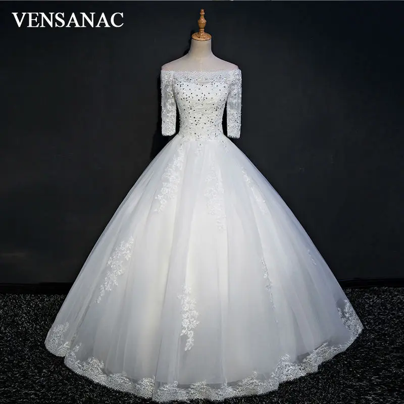 

VENSANAC 2017 New Lace Appliques Boat Neck Wedding Dresses Elegant Embroidery Half Sleeve Satin Crystals Bridal Ball Gowns