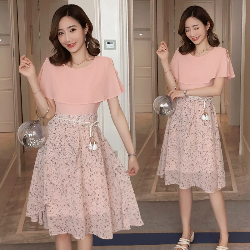 

2053# Sweet Printed Chiffon Maternity Nursing Dress Cover Ties Waist Slim Clothes for Pregnant Women Summer Elegant Pregnancy