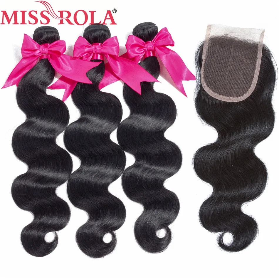 Miss Rola Hair Pre-colored Brazilian Hair Body Wave 3 Bundles 100% Human Hair with Closure #1b Nature Black Free Shipping brazilian-body-wave-closure