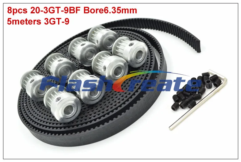 

8pcs 20 Teeth 3GT Pulley Bore 5/6.35/8mm + 5meters 3GT Rubber Synchronous Belt Width 9mm GT3 Timing Belt Pulley 20Teeth 20T 3GT