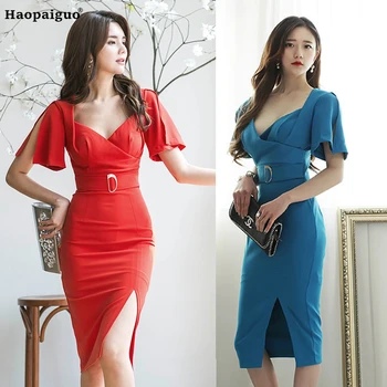 

Plus Size Bodycon Dress Women Summer 2018 Blue Red V-neck Elegant Office Dress for Women Sexy Party Wear Club Ladies Dresses