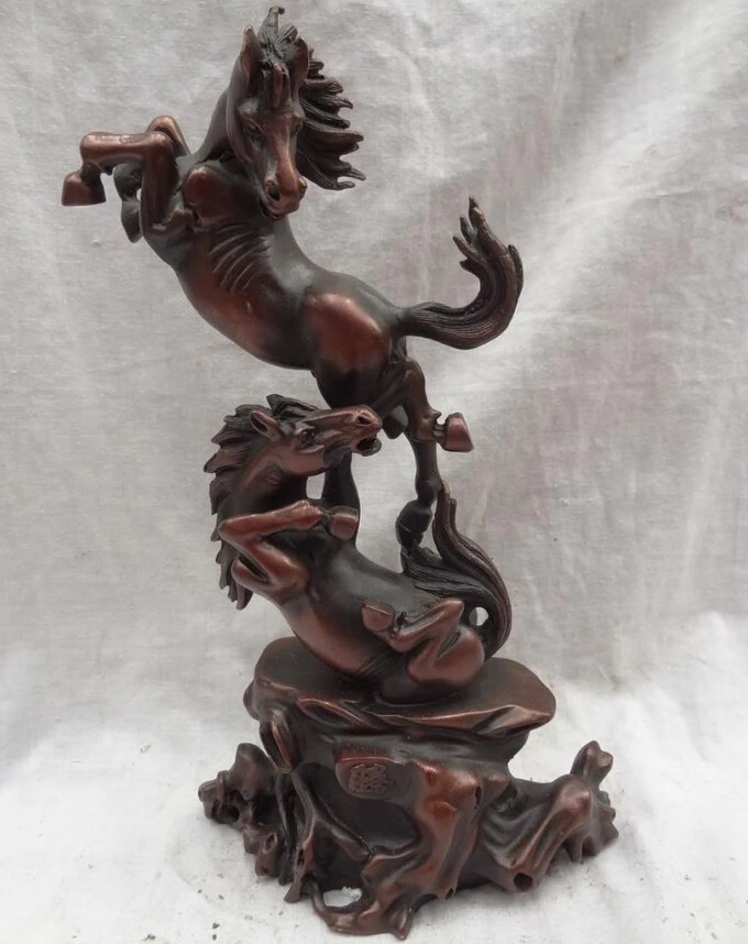 

song voge gem S4772 10"China Chinese Pure Bronze Animals Year Zodiac FengShui 2 Up Jump Horse Statue