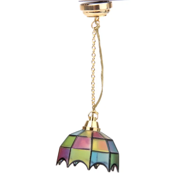Gold Plated Metal 1:12 Dollhouse Miniature Ceiling Lamp Model With Multicolor Umbrella Shape Lampshade