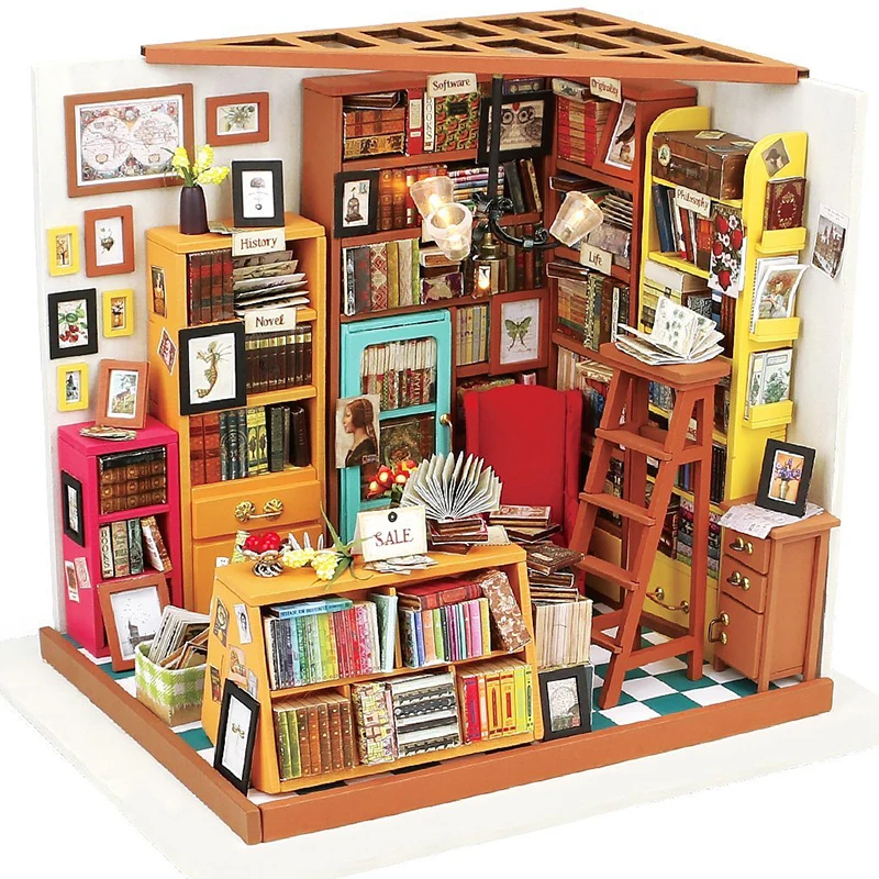 Maison de poupée maison de poupée miniature à monter soi-même avec meubles en bois maison jouets pour enfants Sam librairie Robotime DG102