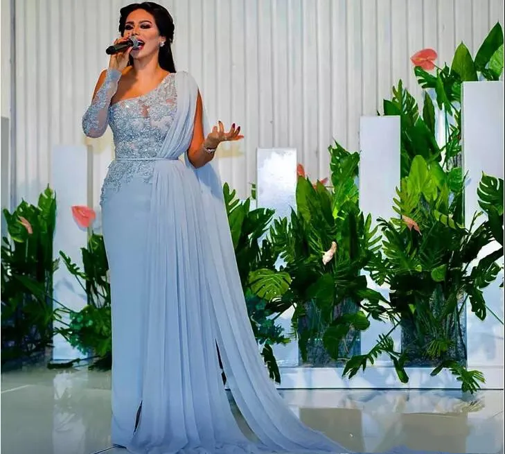

2018 Sheath Evening Dress with Long Cape Sash One Shoulder Sequin Beaded Asymmetric Plus Size Custom Chiffon Column Prom Gown
