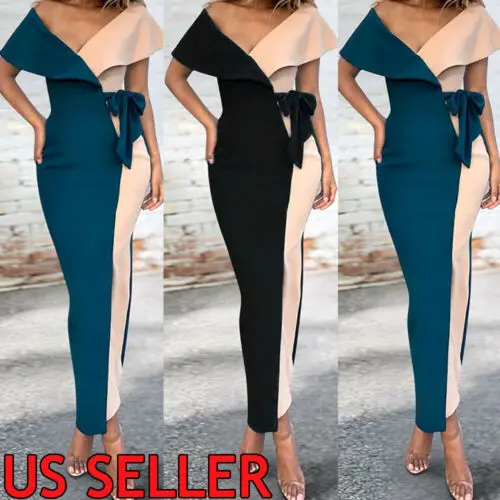 

Elegant Women High Quality Summer Dress Wrap Sexy Stitching Maxi Dress Ladies Holiday Waist Belt Off Shoulder Sexy Dress