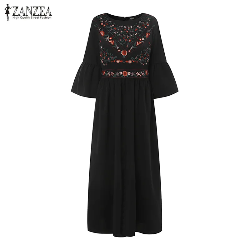 ZANZEA летнее богемное длинное платье для женщин с цветочным принтом и расклешенными рукавами vestidos robe размера плюс Femme Повседневное платье макси с оборками - Цвет: Черный