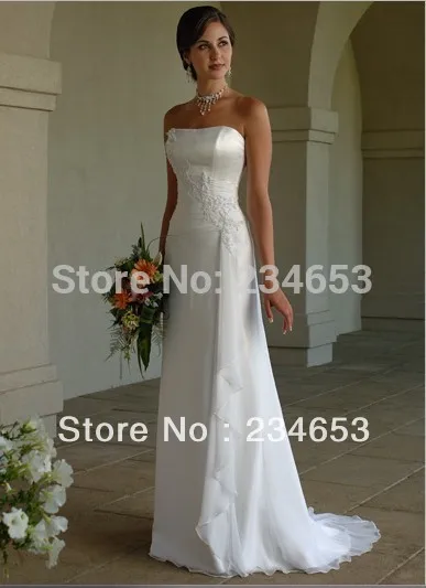 2013 Strapless A-Line Lace Chiffon Satin Sleeveless Beach Wedding Dresses with Sweep Train Up Bridal Gown | Свадьбы и торжества