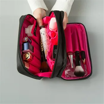 

Fashion woman cosmetic bag temperament elegant black nylon cloth double zipper cosmetic bags female double sided travel wash bag
