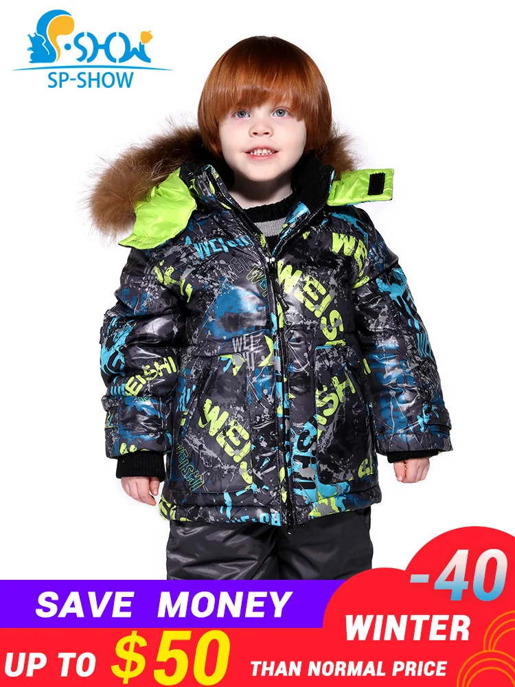 2018 пуховик для детей 3-8 лет бесплатная доставка,новая коллекция ,детский утолщенный комплект с капюшоном(куртка из пуха+комбинезон из холлофайбера)с натуральным мехом енота,трикотажный воротник ,подкладка из флиса - изображение